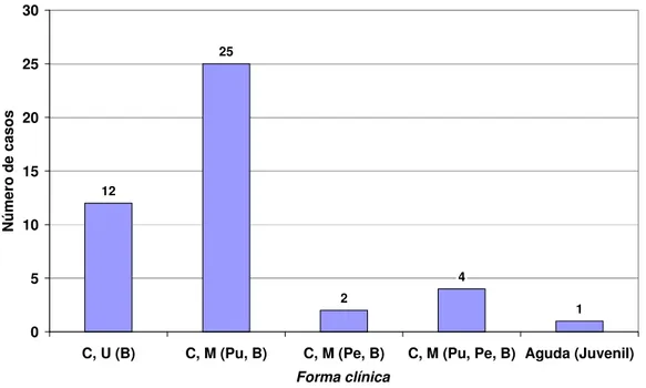 Figura  7  –  Distribuição  de  pacientes  com  lesões  bucais  de  paracoccidioidomicose,  segundo  classificação  da  forma  clínica  da  doença  (Franco et al., 1997)