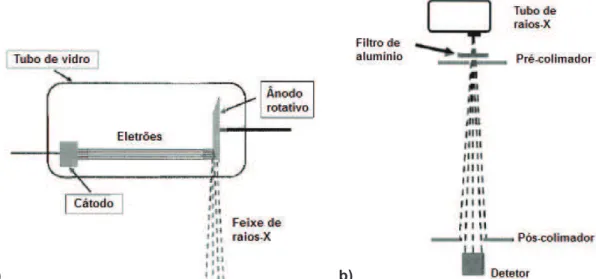 Figura 2.9. a) Tubo de raios-X constituído por um tubo em vácuo contendo um cátodo e ânodo; 