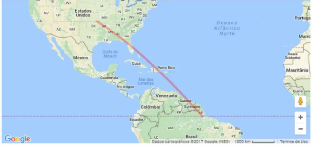 Figura 01- Espaço referido à localização dos Estados Unidos e do Amapá-Brasil