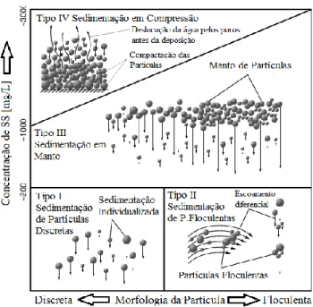 Figura 2 - Relação entre os tipos de sedimentação, concentração de SS e sua morfologia  (adaptado de Howe, 2010) 