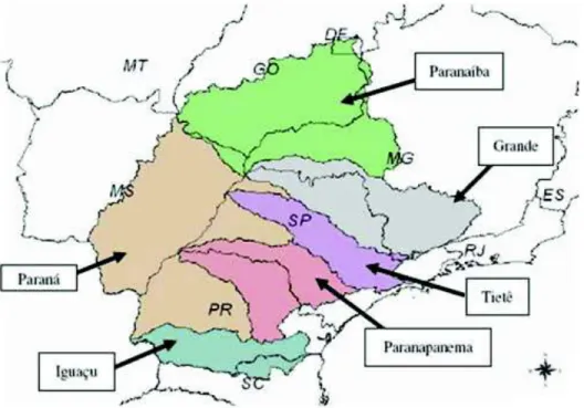 Figura  2.1  –  Localização  da  Bacia  hidrográfica  do  rio  Paraná  e  suas  seis  unidades  hidrográficas