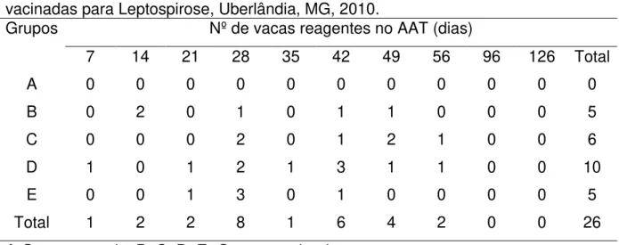 Tabela 2. Resultado do teste antígeno acidificado tamponado (AAT) de vacas recém  vacinadas para Leptospirose, Uberlândia, MG, 2010