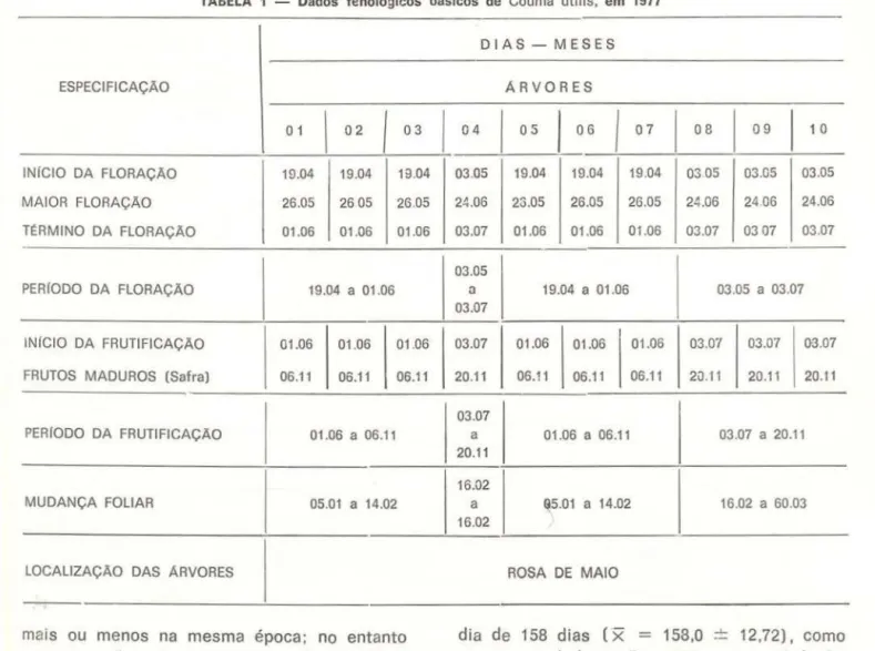 TABELA  1  - Dados  fenológicos  básicos  de  Couma  utilis,  em  1977  ESPECIFICAÇÃO  o  1  I  02  I  03  INICIO  DA  FLORAÇÃO  19.04  19.04  19.04  MAIOR  FLORAÇÃO  26.05  2605  26.05  T~RMINO  DA  FLORAÇÃO  01.06  01.06  01.06  PERIODO  DA  FLORAÇÃO  19