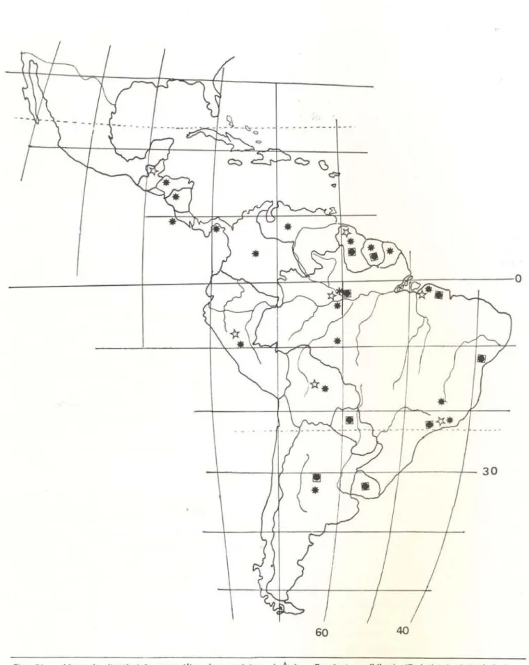 Fig .  54  - Mapa  de  distribuição  geográfica  das  espécies:  (  '1:l'  ) - Taeniaptera  albibasis  (Enderlein)  1922 ;  (  * ) -