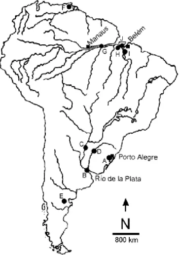 Figure 1. Published (A-F) and new records (G-J) of the occurrence of C. fluminea in South America
