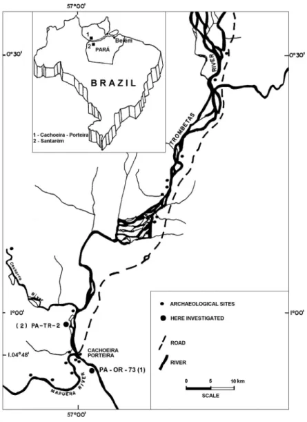 Figure 1 – Location map of two sites of archaeological black earth (ABE) investigated at Cachoeira-Porteira, Lower Amazon region (after COSTA et al., 2004).