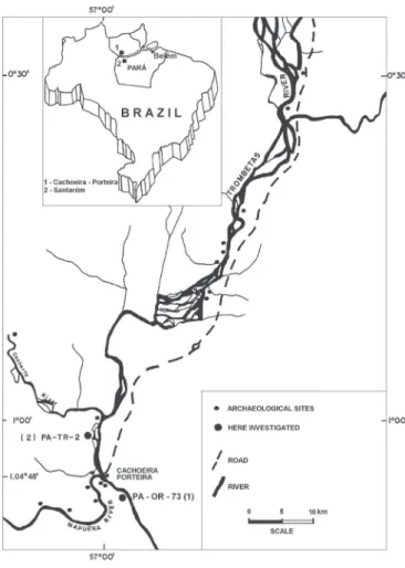 Figure 1 - Location map of the archaeological black earth (ABE) sites by Cachoeira-Porteira in the Lower Amazon region.