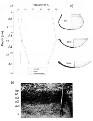 Figure 3 - a) The ABE soil profile and the frequency distribution of its ceramic tempers; b) textural aspects; c) types of daily used ceramics.