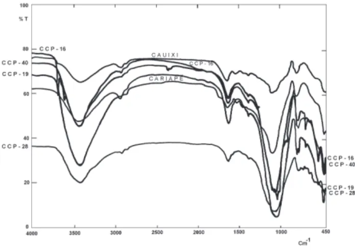 Figure 8 - Infrared spectra of ceramic artifacts after the tempers, and of cauixi and cariapé.