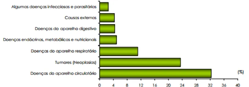 Figura 1: Distribuição percentual dos óbitos por algumas causas de morte,  Portugal, 2005 (INE, Estatísticas da Saúde; Estatísticas Demográficas); 