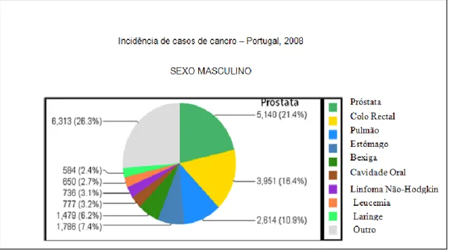Figura 1.1 Estimativa da incidência de cancro em Portugal, por sexo, no ano de 2008. Adaptado de  (Ferlay et al., 2010)