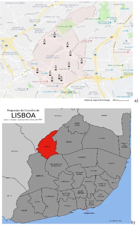 Figura 15 - Mapa de Carnide: a) limites da freguesia e a localização dos bebedouros; b) localização da  freguesia no conselho de Lisboa (Google Maps e Câmara Municipal de Lisboa)