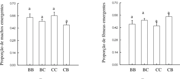 Figura  4  –  Proporção  de  machos  e  fêmeas  emergentes  de  Zabrotes  subfasciatus  no  feijão  Phaseolus  vulgaris  nas  variedades  branco  e  carioca