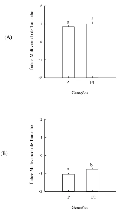 Figura 9 – Índices multivariados de tamanho de fêmeas (A) e machos (B) de Zabrotes  subfasciatus, associados às diferentes gerações: geração parental (P) e primeira geração  filial (F1)