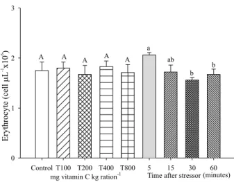 Figure 4 - Erythrocyte number (cell mL -1  x 10 6 ) of matrinxã fed different levels of vitamin C and submitted to air exposure