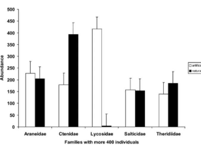 Figure 4 - Distribution of the most common spider families (≥ 400 individuals),  with their respective standard errors, between natural and artificial forest gap  areas in Porto Urucu, Coari, Amazonas, Brazil