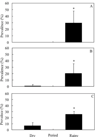 Figure 2 - Mean values and standard deviation of prevalence (%) of  nematode larvae in the caecum (A), stomach (B) and posterior intestine (C)  in Iguanodectes spilurus in the dry and rainy periods
