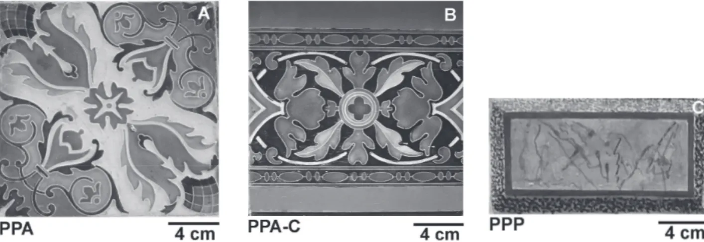 Figure 2 - German and Portuguese tiles sampled from the Pinho mansion. A: the German tile PPA; B: the German tile PPA-C; C: the Portuguese tile PPP