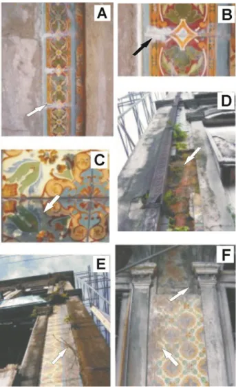 Figure 3 - The main weathering effects observed in the German and Portuguese  tiles. A and B – Mortar exuding over the glaze; C – Dark stains under the glaze;  