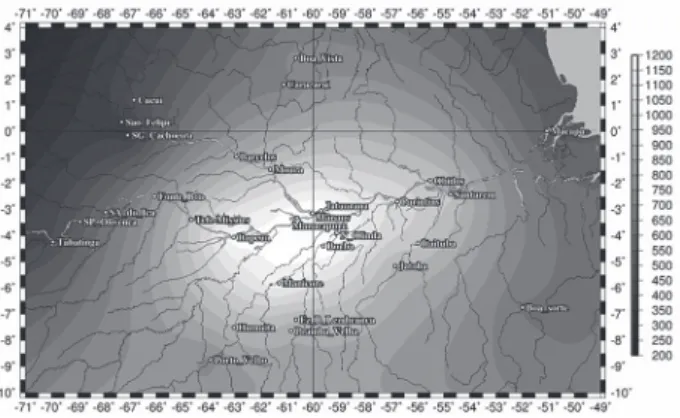 Figure 1 - Delimited study area, hydrological stations and water-level amplitude  deduced from GRACE