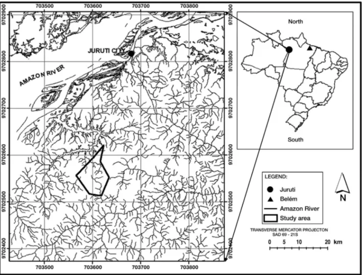 Figure 1. Location of Juruti in the Brazilian state of Pará (map, right) and the study area, demarcated by a dotted line (satellite image on the left).