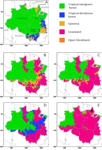 Figure 3. Initial (A), RCP4.5 middle of the century (B), RCP8.5 middle of the  century (C), RCP4.5 end of the century (D) and RCP8.5 end of the century (E)  vegetation type