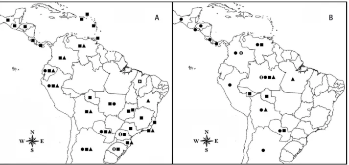 Figure 5. Geographical distribution of the species Hemerobiidae (Neuroptera) recorded to Brazil and their occurrence in the Neotropics