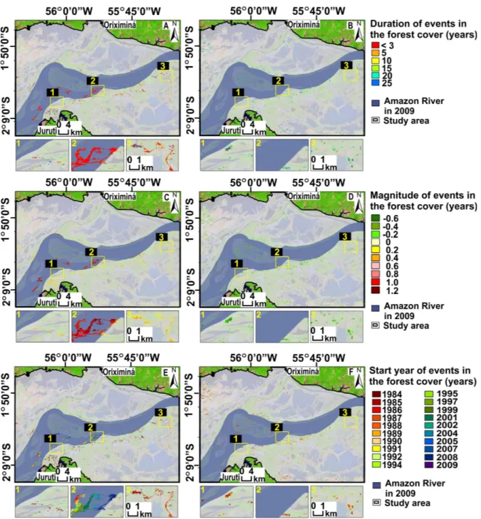 Figure 4. Maps of duration, magnitude and start year attributes for forest change events