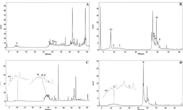 Figure 2. HPLC fingerprinting of ethanol extract from propolis samples collected in the cities of Novo Acordo and Santa Maria of Tocantins