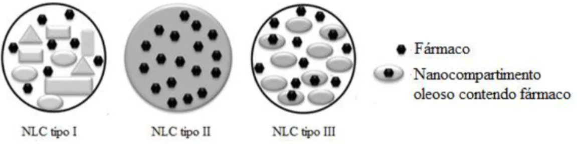 Figura  7  -  Tipos  de  NLC  segundo  os  modelos  teóricos  de  incorporação  de  fármacos
