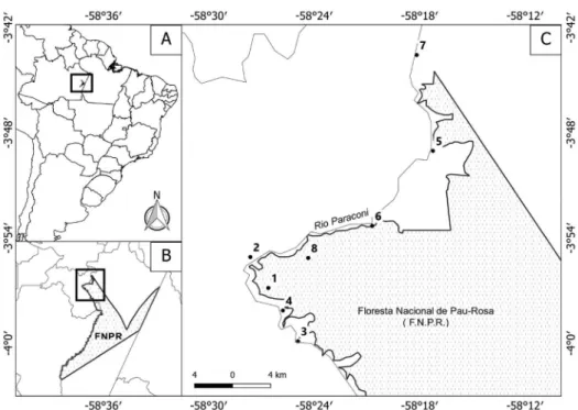 Figure 1. Study area. (A) and (B) show the exact location and limits of Floresta Nacional de Pau-Rosa (FNPR), in the municipality of Maués, state of Amazonas,  Brazil