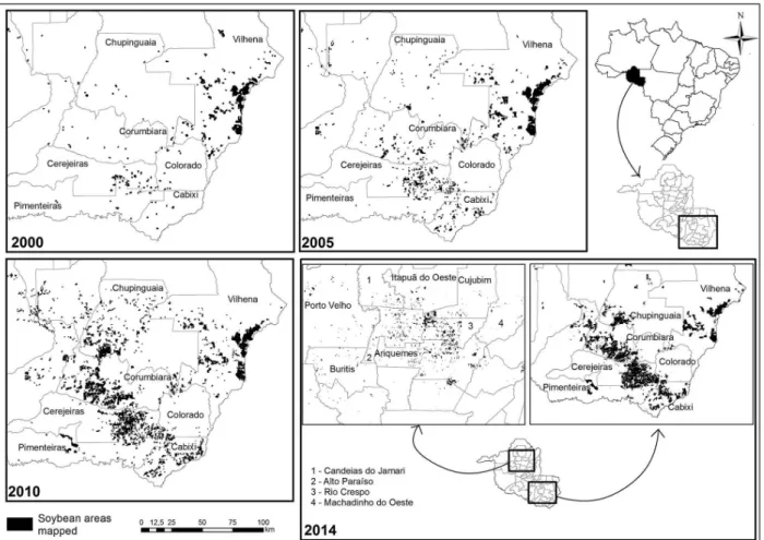 Figure 5. Soybean cropped lands in the state of Rondônia in 2000, 2005, 2010, and 2014