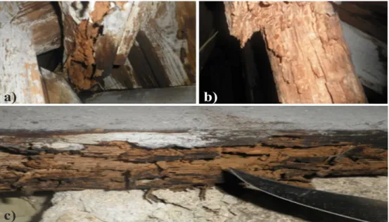 Figura 4.3 - a); b); c) Degradação por térmitas em estrutura da cobertura do Palacete Ribeiro da Cunha  (Príncipe Real, 1877) 