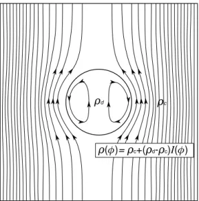 Figura 3.2: Linhas de corrente ao redor de uma interface circular, onde ρ(φ) ´e a massa espec´ıfica vari´avel na interface estendida.