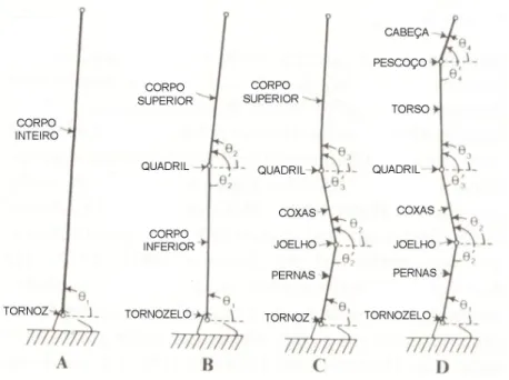 Figura 2.1: Modelos multi-articulados da dinˆamica postural humana. (A) Uma articula¸c˜ ao, (B) Duas articula¸c˜ oes, (C) Trˆes articula¸c˜ oes, (D) Quatro articula¸c˜ oes