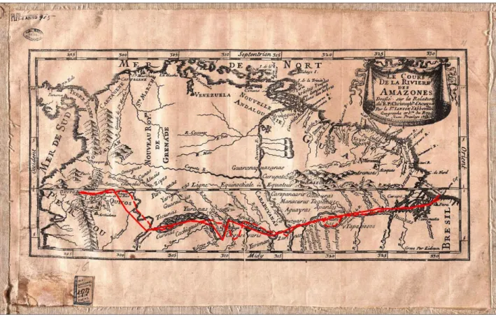 Figure 5. Visual Comparison of the course of the Amazon on the map of Sanson (background image), Pagan’s interpretation (dashed line), and this work  (authors’ interpretation)