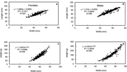 Figure 3 - Relationship between carapace width and length for females (A) and males (B); and the relationship between carapace width and individual weight  for females (C) and males (D) of the crab Ucides cordatus collected in the State of Amapá.