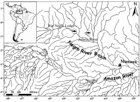 Figure 1. Map of the Negro River basin and study area: Rio Negro Lodge and Jufariz River.