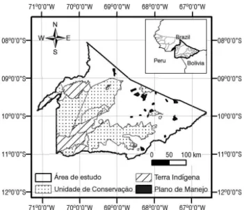 Tabela 1. Relação das espécies florestais selecionadas para a modelagem de  distribuição potencial no leste do Acre, Brasil.
