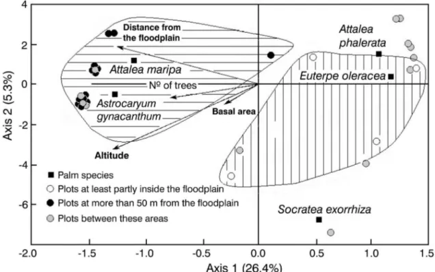 Figure 3. Canonical Correspondence Analysis (CCA) ordination showing the scores of principal axes of 5 palms species (black squares) overlapping with  those of 40 plots of 625 m 2  (25 x 25 m) spread in a 500 x 500 m area around the 51 st  BIS Stream, alon