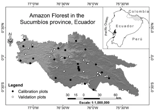 Figure 1. Geographic location of the study area and spatial distribution of calibration (n=122) and validation (n=30) sampling plots in the Amazon forest in  Sucumbíos province, Ecuador.