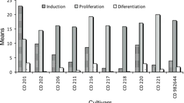 Figure 3. Number of embryos from inoculated embryos in  several phases of somatic embryogenesis in soybean cultivars