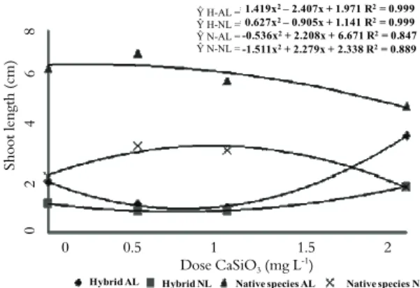 Figure 1. Shoot length (cm) in relation to the experimental  treatments of artificial light (AL), natural light (NL) and CaSiO 3 doses for the hybrid and native species