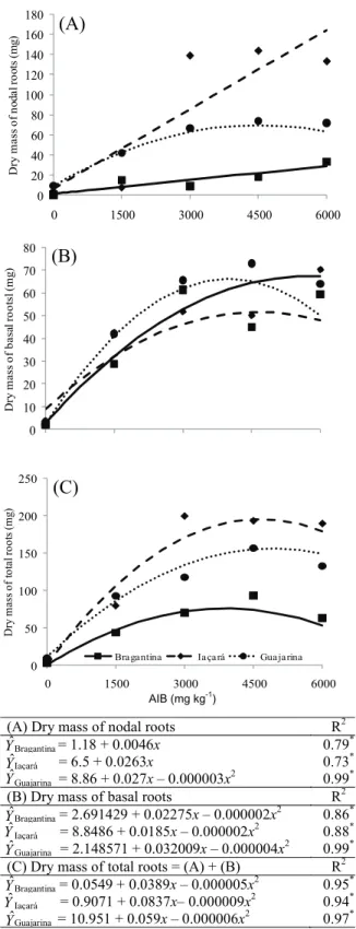 Figure 6. Nodal (B), basal (C) and total (C=A+B) dry root mass  (mg) of cuttings of Piper nigrum cvs