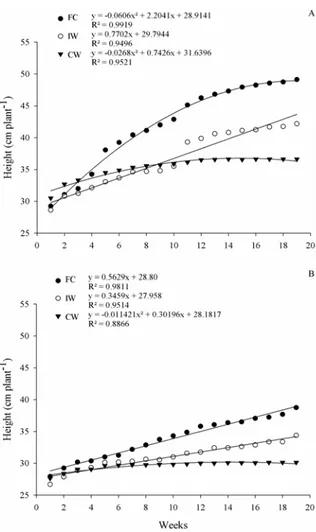 Figure 2. Number of plagiotropic branches on Mundo Novo  (A) and Catuaí (B) coffee seedlings subjected to these three  conditions of water availability in the substrate: field capacity  (FC), intermittent waterlogging (IW) and continuous  waterlogging (CW)