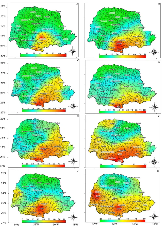 Figure 4. Probability of occurrence (%) of a temperature less than 3ºC in Parana State in the 10 days before and the 5 days after anthesis,  considering an early cycle cultivar and sowing dates of 03/10 (A), 03/20 (B), 03/30 (C), 04/10 (D), 04/20 (E), 04/3