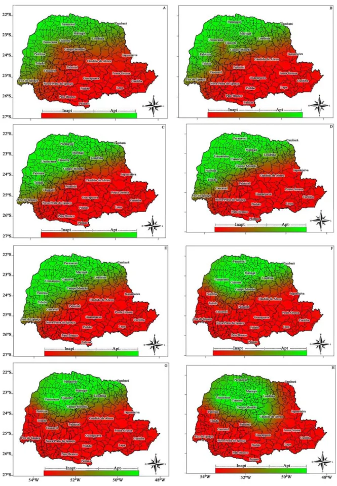Figure 6. Suitability of the regions of Parana State for undertaking sowing on 03/10 (A), 03/20 (B), 03/30 (C), 04/10 (D), 04/20 (E), 04/30  (F), 05/10 (G), and 05/20 (H)