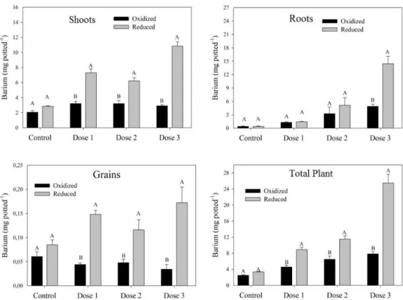 Figure 5. Barium uptake in leaves, roots, grains, and whole rice plants as a function of barium dose and redox potential (oxidized and  reduced)