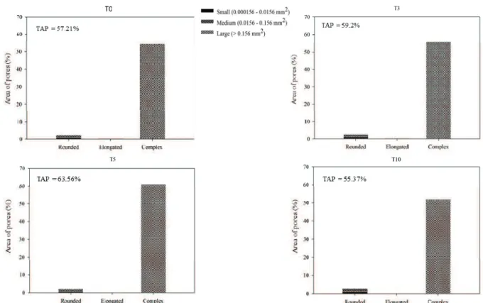 Figure 6. Evolution of the size and type of pores with the occurrence of rainfall events (T0, T3, T5 and T10) for PVAd