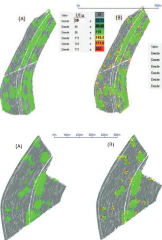 Figure 5. Map of the theoretical dose or recommendation map  (a) and real dose map or post-application map (b) in areas 3 and 4